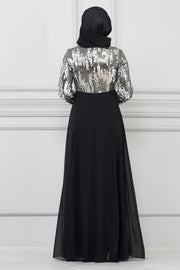 Detailed Silver  Sequin Chiffon Evening Dress | 7019