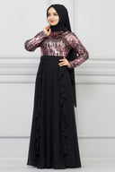 Üstü Pul Payet Altı Şifon Detaylı Abiye Pudra | 70193