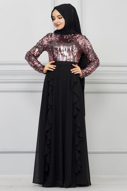 Robe de soirée détaillée en mousseline de soie à sequins Rose | 7019-3