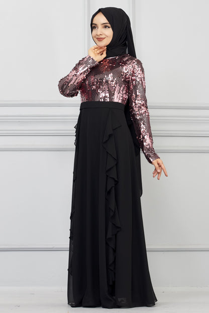 Robe de soirée détaillée en mousseline de soie à sequins Rose | 7019-3