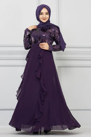 Detailed Purple Sequin Chiffon Evening Dress | 7019-12