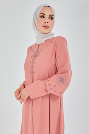 Abaya à doubles manches brodées sur le devant Rose  | 2058-3  