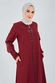 Abaya Burgundy Front Embroidered Double Sleeve  | 2058-7