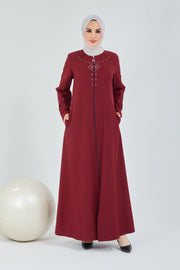 Abaya Burgundy Front Embroidered Double Sleeve  | 2058-7