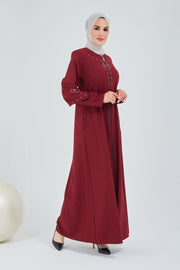 Abaya Burgundy Front Embroidered Double Sleeve  | 2058-7
