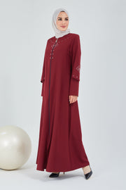 Abaya à doubles manches brodées sur le devant bordeaux | 2058-7