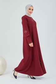Abaya Burgundy Front Embroidered Double Sleeve  | 2058-7