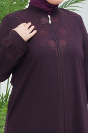 Aubergine Big Size Stone Embroidered Abaya| 2063-3-8 