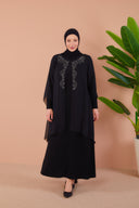 Önü ve Arkası Şifonlu Taş Detaylı Büyük Beden Sendi Elbise Siyah | 801321