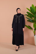 Önü ve Arkası Şifonlu Taş Detaylı Büyük Beden Sendi Elbise Siyah | 801321
