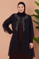 Önü ve Arkası Şifonlu Taş Detaylı Büyük Beden Sendi Elbise Kahverengi | 8013242