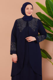 Big size dress with embroidered front with stones Navy blue| 8012-3-5