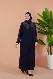 Big size dress with embroidered front with stones Navy blue| 8012-3-5