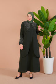 Big size dress with embroidered front with stonesg auto_awesome Khaki | 8012-3-9