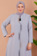 Önü Çift Patlı Taş Detaylı Büyük Beden Ferace Gri | 2066124