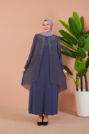 Önü ve Arkası Şifonlu Taş Detaylı Büyük Beden Sendi Elbise Gri | 8013224