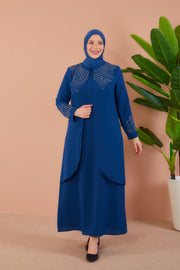 Big size dress with embroidered front with stones İndigo| 8012-3-6