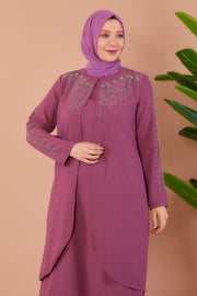 Big size dress with embroidered front with stones pink | 8012-4-3-1