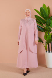 Big size dress with embroidered front with stones pink | 8012-4-3-2