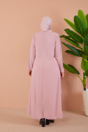 Big size dress with embroidered front with stones pink | 8012-4-3-2