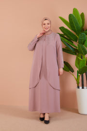 Big size dress with embroidered front with stones Mink | 8012-4-23
