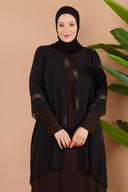 Önü ve Arkası Şifonlu Taş Detaylı Büyük Beden Sendi Elbise Kahverengi | 8013142