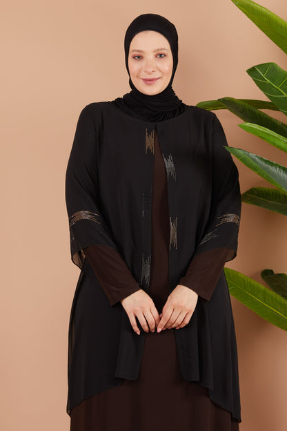 Robe en mousseline grande taille avec pierres marron  | 8013-1-42
