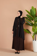 Önü ve Arkası Şifonlu Taş Detaylı Büyük Beden Sendi Elbise Kahverengi | 8013142