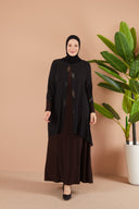 Önü ve Arkası Şifonlu Taş Detaylı Büyük Beden Sendi Elbise Kahverengi | 8013142