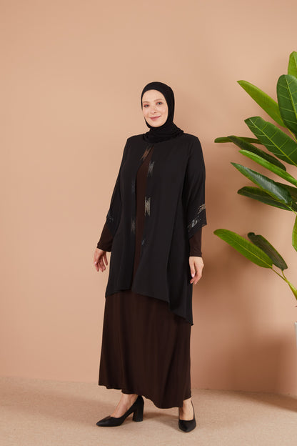 Robe en mousseline grande taille avec pierres marron  | 8013-1-42