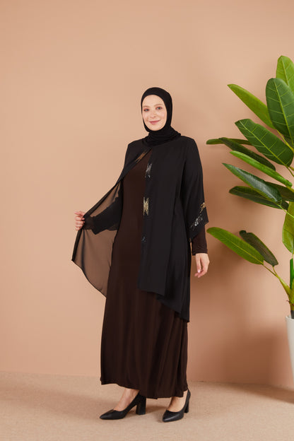 Robe en mousseline grande taille avec pierres marron  | 8013-1-42
