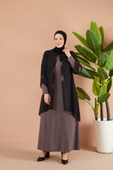 Önü ve Arkası Şifonlu Taş Detaylı Büyük Beden Sendi Elbise Vizon | 8013123