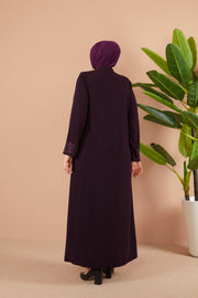 Aubergine  Big Size Stone Embroidered Abaya| 2063-5-8 