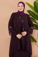 Önü ve Arkası Şifonlu Taş Detaylı Büyük Beden Sendi Elbise Mürdüm | 801318