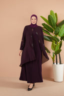 Önü ve Arkası Şifonlu Taş Detaylı Büyük Beden Sendi Elbise Mürdüm | 801318