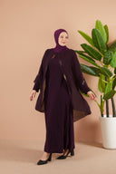 Önü ve Arkası Şifonlu Taş Detaylı Büyük Beden Sendi Elbise Mürdüm | 801318