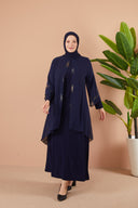 Önü ve Arkası Şifonlu Taş Detaylı Büyük Beden Sendi Elbise Lacivert | 801315