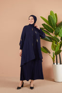 Önü ve Arkası Şifonlu Taş Detaylı Büyük Beden Sendi Elbise Lacivert | 801315