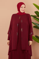 Önü ve Arkası Şifonlu Taş Detaylı Büyük Beden Sendi Elbise Bordo | 801317