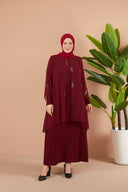Önü ve Arkası Şifonlu Taş Detaylı Büyük Beden Sendi Elbise Bordo | 801317