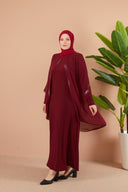 Önü ve Arkası Şifonlu Taş Detaylı Büyük Beden Sendi Elbise Bordo | 801317