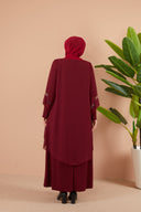 Önü ve Arkası Şifonlu Taş Detaylı Büyük Beden Sendi Elbise Bordo | 801317