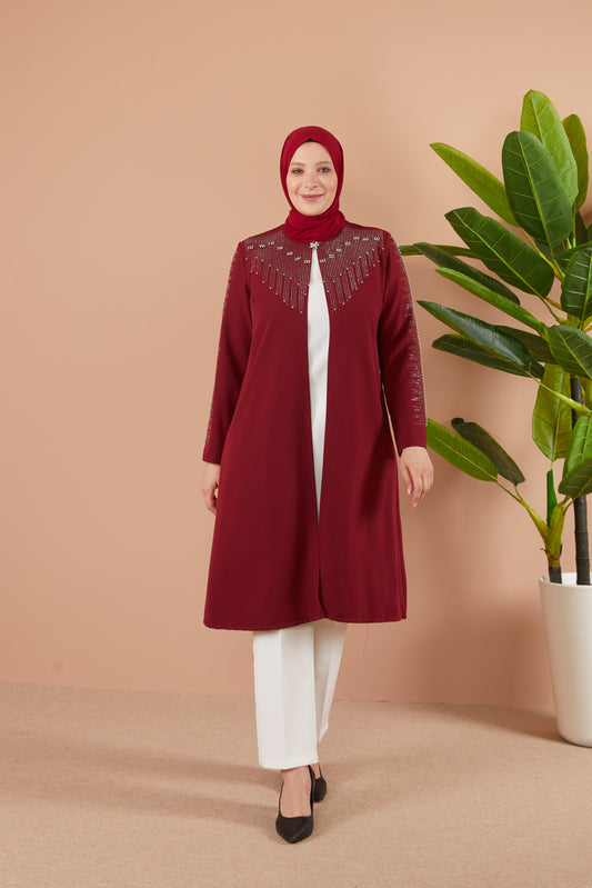 Taş Detaylı Ceketli Takım Bordo | 1100747