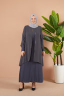 Önü ve Arkası Şifonlu Taş Detaylı Büyük Beden Sendi Elbise Gri | 8013124