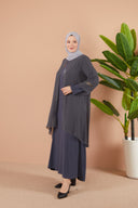 Önü ve Arkası Şifonlu Taş Detaylı Büyük Beden Sendi Elbise Gri | 8013124