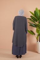 Önü ve Arkası Şifonlu Taş Detaylı Büyük Beden Sendi Elbise Gri | 8013124