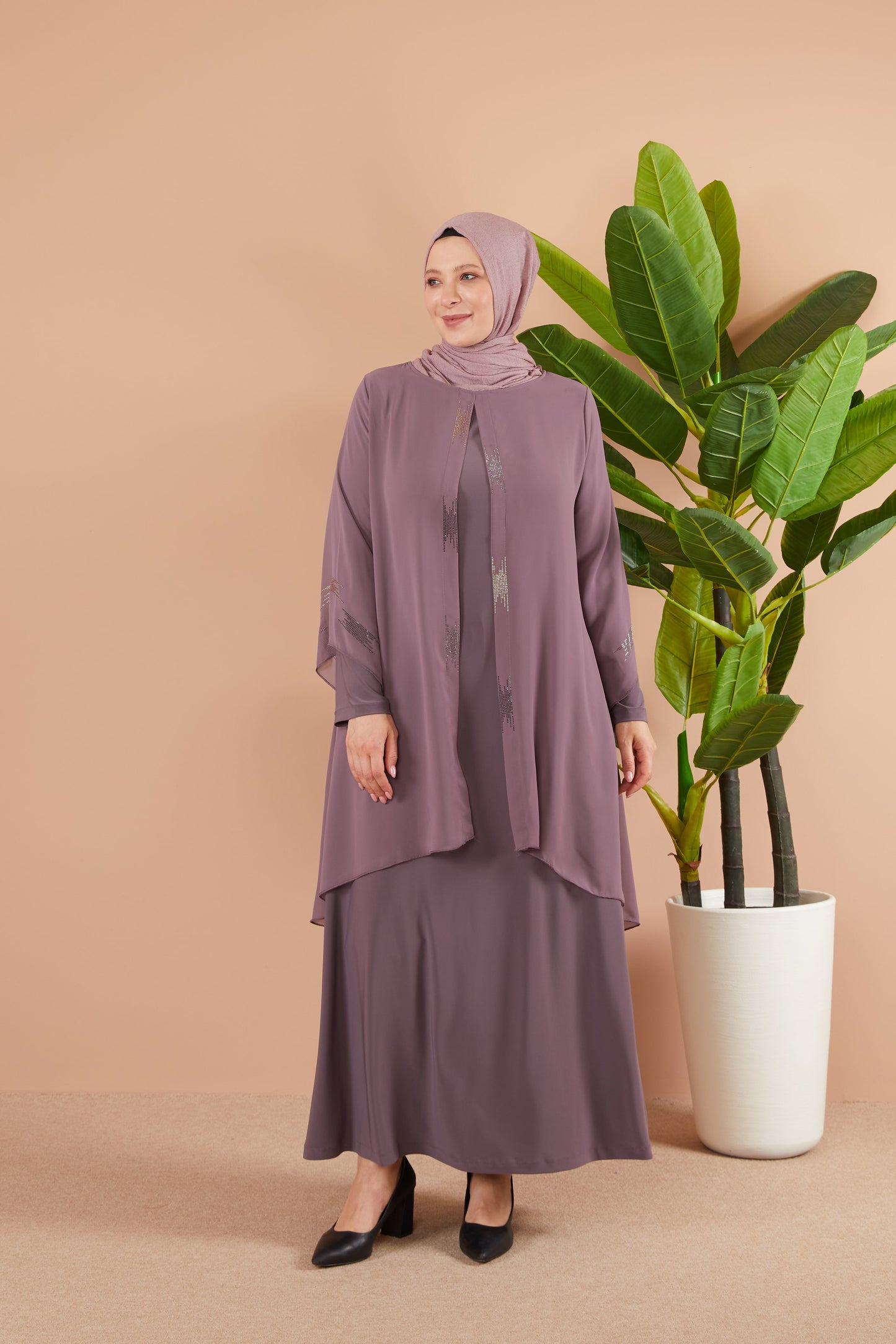 Robe en mousseline grande taille avec pierres rose | 8013-1-3