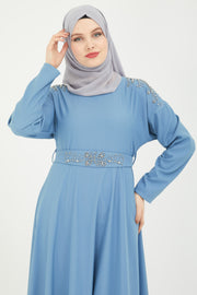 حجاب مع فستان بتفاصيل حجرية أزرق | 3021-6