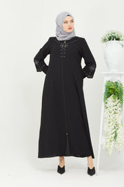Abaya à doubles manches brodées sur le devant Noir | 2058-1