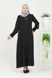 Abaya à doubles manches brodées sur le devant Noir | 2058-1